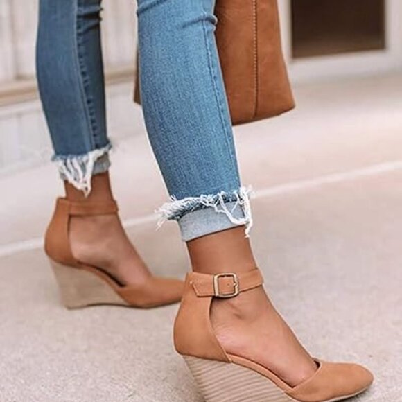 Women's Nude Ankle Buckle Strap D'Orsay Pointed Toe Wedges, Size 6 - Picture 9 of 10